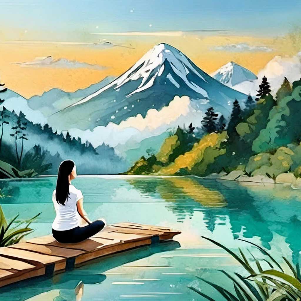 a woman sitting on a dock of a calming nature scene.